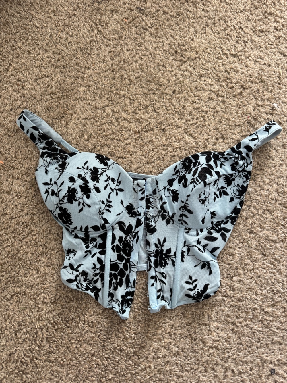 Windsor Pale Blue Bustier with Black Floral Velvet Print